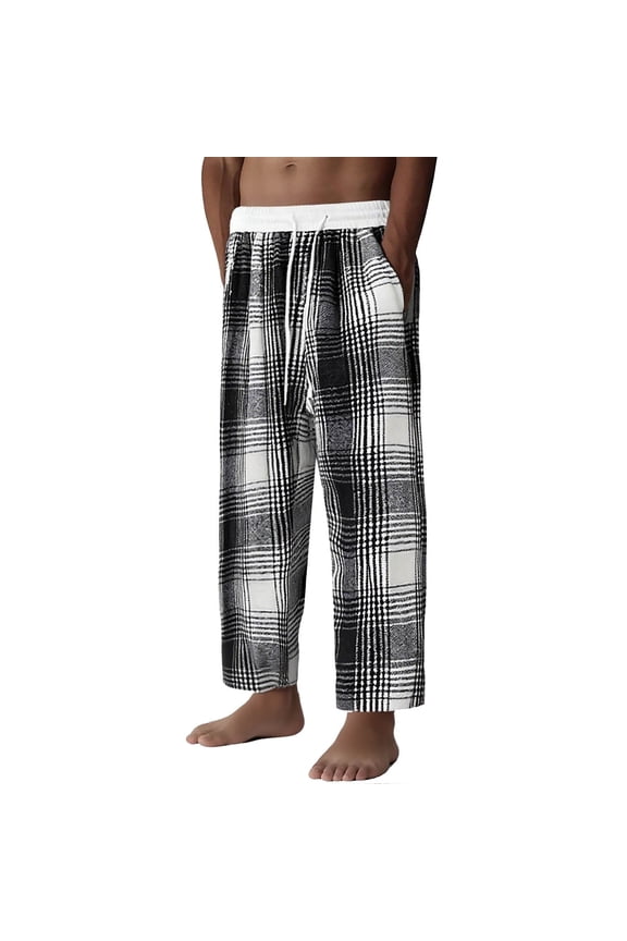 Men's Sweatpants, Men's Checkered Baggy Pants Plaid Wide Leg Flared Drawstring Trousers with Pockets