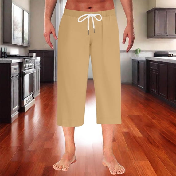 Men's Sweatpants Mens Casual Capri Pants Elastic Waist Lightweight Breathable Lounge Loose Fit Cropped Pants Beach Vacation Shorts