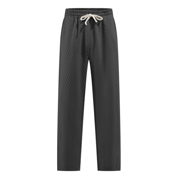 Men's Sweatpants Solid Color Jacquard Knitted Straight Leg Baggy Comfortable Drawstring Elastic Casual Pants With Pockets (L, Gray)