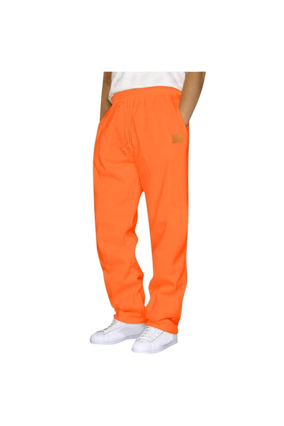 Men's Sweatpants Solid Drawstring Elastic Waist Straight Leg Pants with Pockets for Workout Orange 2XL
