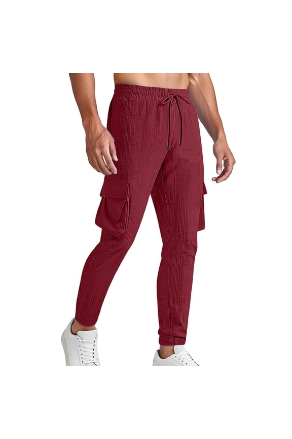 Men's Sweatpants Waffle Knit Pants Elastic Waist Drawstring Jogger Sweatpants with Pockets Brick Red M