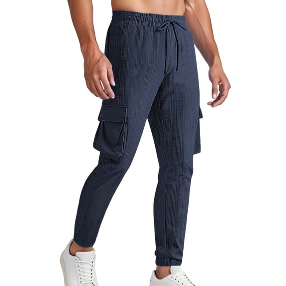 Men's Sweatpants Waffle Knit Pants Elastic Waist Drawstring Jogger Sweatpants with Pockets Navy M