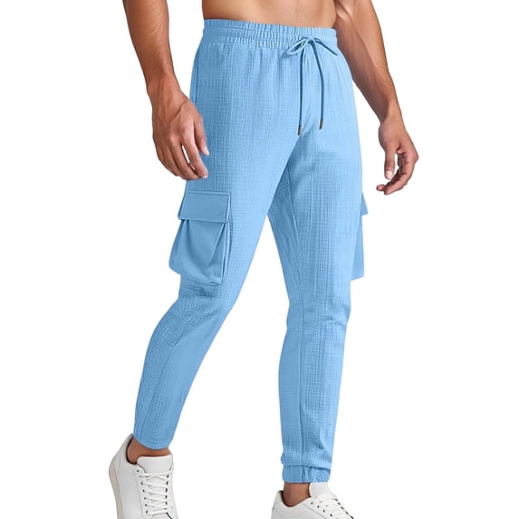 Men's Sweatpants Waffle Knit Pants Elastic Waist Drawstring Jogger Sweatpants with Pockets Sky Blue M