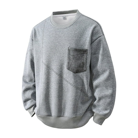 Men's Sweatshirt Contrast Stitching Crew Neck Casual Solid Pullover Tops with Pocket Gray L