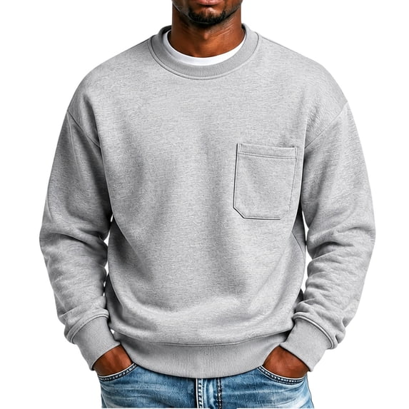 Men's Sweatshirt Crew Neck Long Sleeve Solid with Chest Pocket Warm Cozy Comfortable Everyday Pullover Basic Top for Fall Winter Everyday Wear and Weekend Outings Gray L