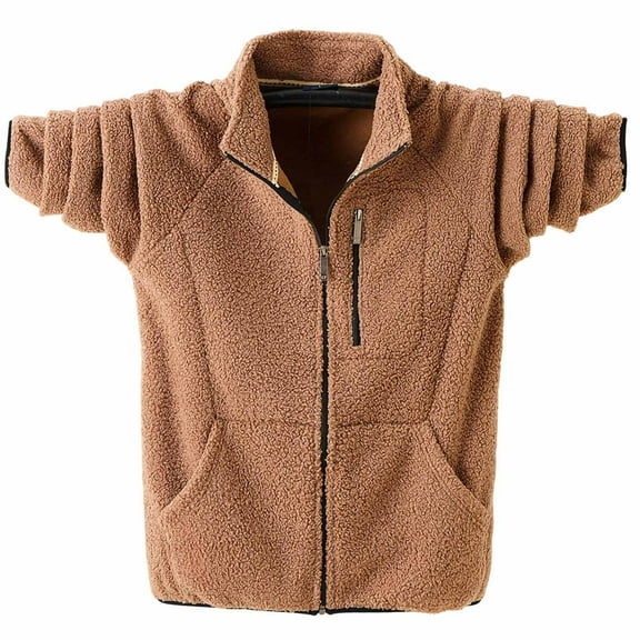 Men's Sweatshirt Fleece Lined Long Sleeve Stand Collar Zip Up Solid Cardigan Jacket with Pocket Brown 3XL