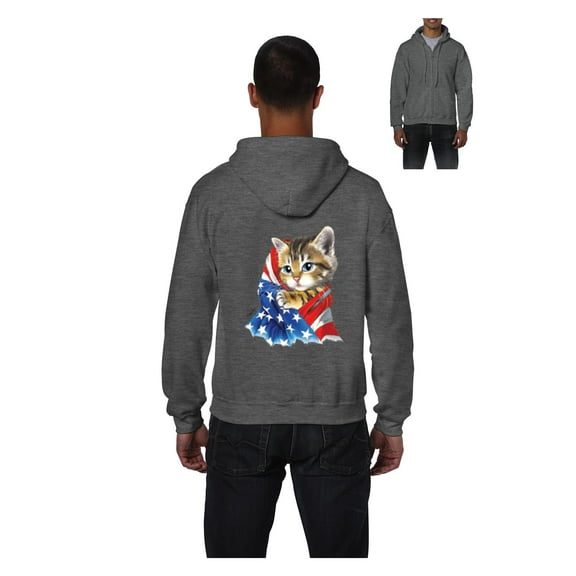 Men's Sweatshirt Full-Zip Pullover - American Flag 4th of July Kitty
