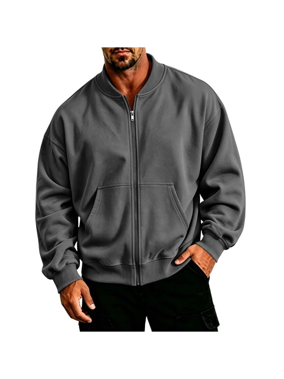 Men's Sweatshirt Full Zip Up Stand Collar No Hood Casual Jackets with Pockets Long Sleeve Loose Fit Flall Warm Coats