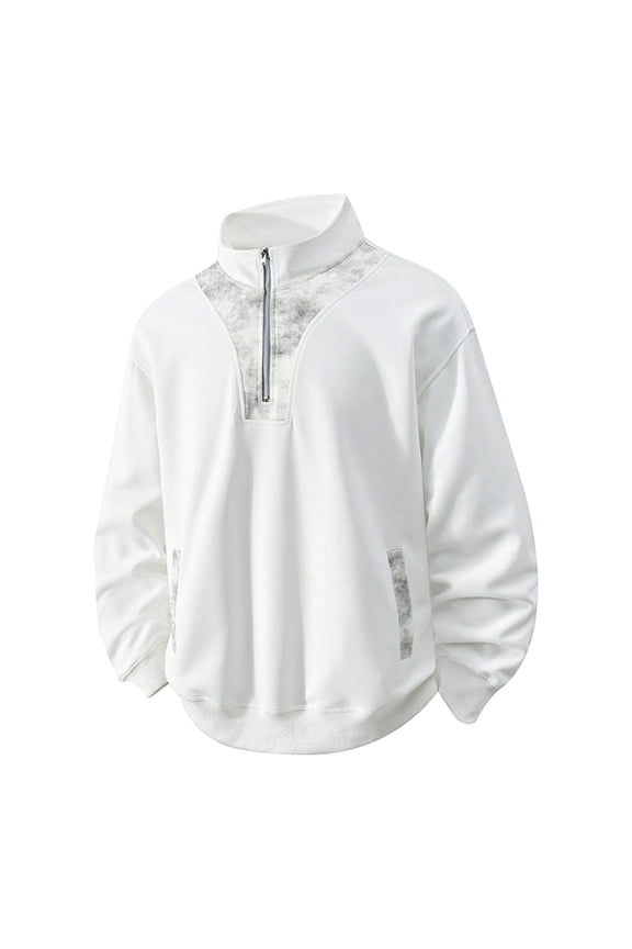 Men's Sweatshirt Long Sleeve Half Zipper Up Standing Collar Solid Pullover Classic Top with Pockets White XL
