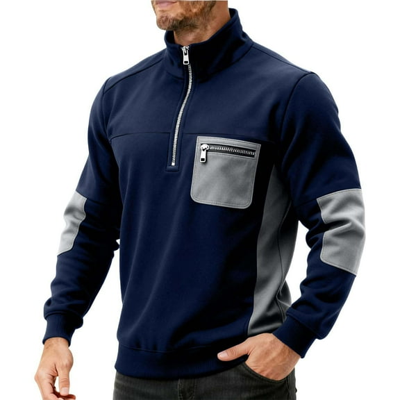 Men's Sweatshirt Long Sleeve Quarter Zip Up Stand Collar Color Block Pullover Tops with Pocket Blue 3XL