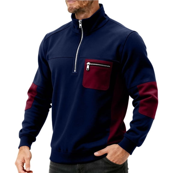Men's Sweatshirt Long Sleeve Quarter Zip Up Stand Collar Color Block Pullover Tops with Pocket Navy XL