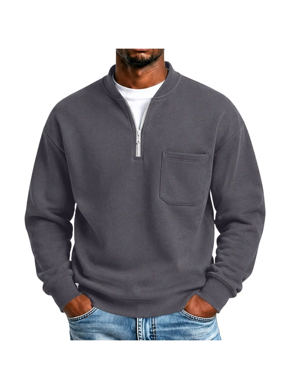 Men's Sweatshirt Mock Neck Quarter Zip Long Sleeve Fleece Lined Pullover with Chest Pocket Comfortable Casual Top for Daily Wear Fall Winter Gray #041 L