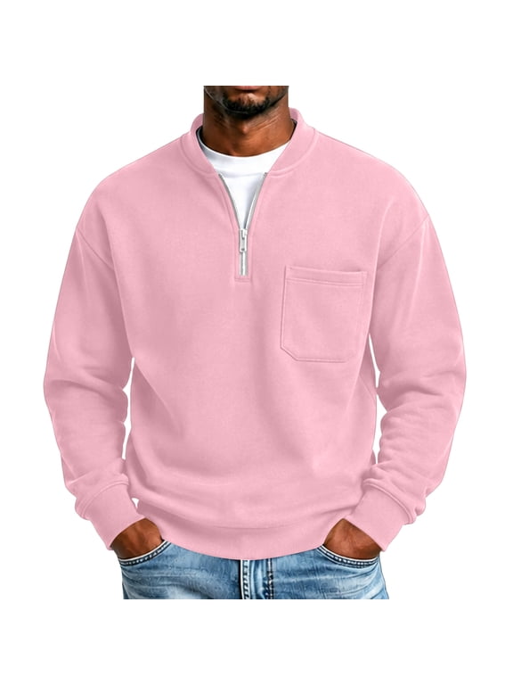 Men's Sweatshirt Mock Neck Quarter Zip Long Sleeve Fleece Lined Pullover with Chest Pocket Comfortable Casual Top for Daily Wear Fall Winter Pink #041 S