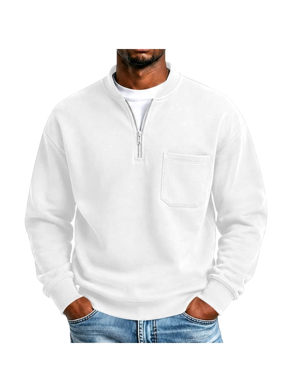 Men's Sweatshirt Mock Neck Quarter Zip Long Sleeve Fleece Lined Pullover with Chest Pocket Comfortable Casual Top for Daily Wear Fall Winter White #041 XL