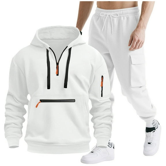 Men's Sweatshirt Set Quarter Zip Tactical Hoodies Multi-pocket Workout Sports Pullover And Pant Suit