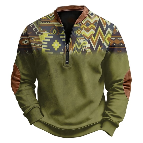 Men's Sweatshirt Stand Collar Quarter Zip Long Sleeve Graphic Pullover with Contrast Sleeve Patches for Comfortable Casual Top Wear in Fall Winter Western Style Green #019 2XL