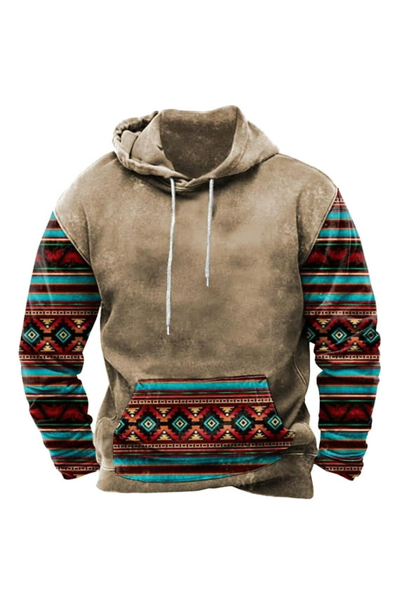 Hooded Sweatshirt for Men Vintage Tribal Aztec Printed Long Sleeve Pullover Sweatshirt Retro Graphic Print Hoodies