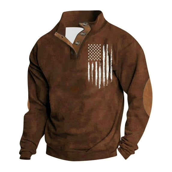 Men's Sweatshirt Vintage American Flag Graphic Long Sleeve Stand Collar Button Patchwork Pullover Sweaters