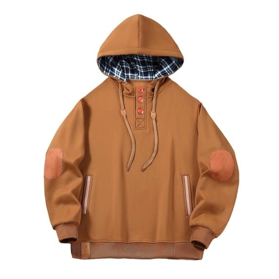 Men's Sweatshirt With Fleece Plaid Splicing Hooded Jacket Long Sleeve Drawstring Pullover