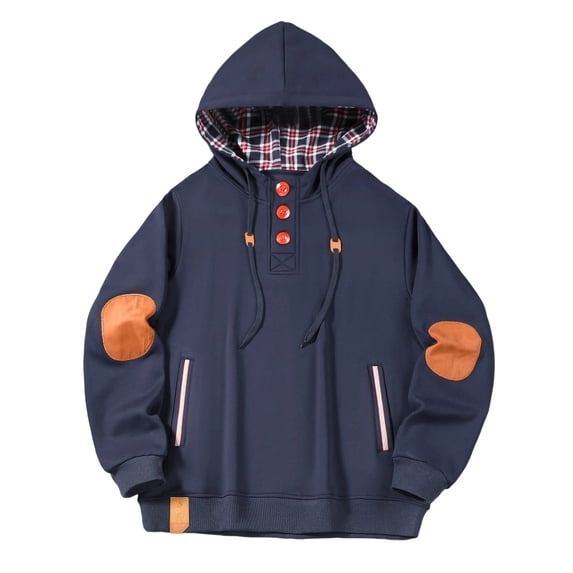 Men's Sweatshirt With Fleece Plaid Splicing Hooded Jacket Long Sleeve Drawstring Pullover