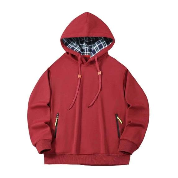 Men's Sweatshirt With Fleece Plaid Splicing Hooded Jacket Long Sleeve Drawstring Pullover