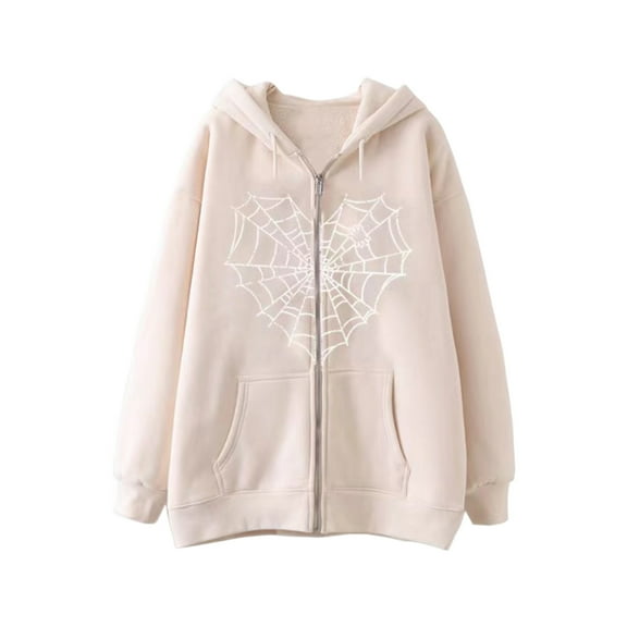 Men's Sweatshirts Halloween Printed Zipper Hooded Drawstring Long Sleeve Sports Sweatshirt Coat with Pockets Casual Loose Comfortable Sweatshirt for Men Beige L