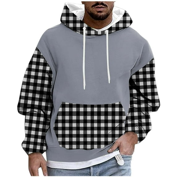 Men’s Sweatshirts Long Sleeve Pullover Patchwork Plaid Jacquard Hoodie Casual Drawstring Hoody Top Black XXL