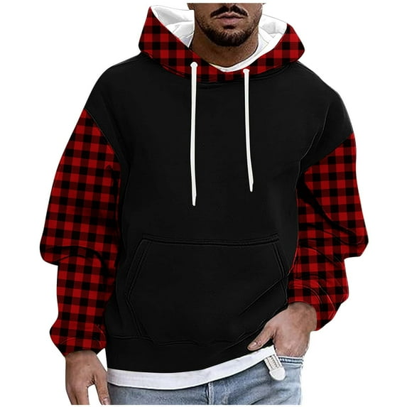 Men’s Sweatshirts Long Sleeve Pullover Patchwork Plaid Jacquard Hoodie Casual Drawstring Hoody Top Red L