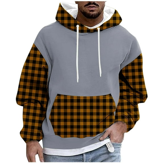 Men’s Sweatshirts Long Sleeve Pullover Patchwork Plaid Jacquard Hoodie Casual Drawstring Hoody Top Yellow XXXXL