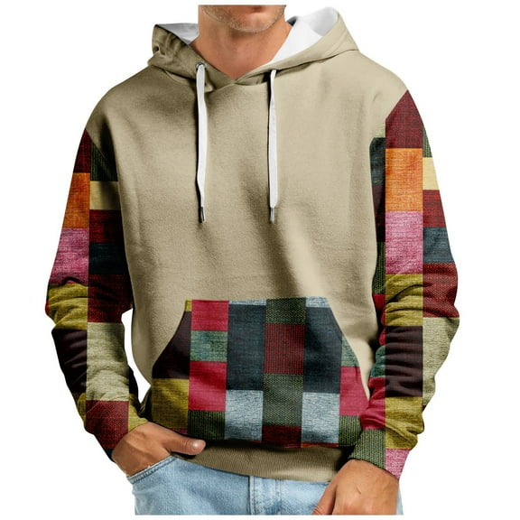 Men’s Sweatshirts Long Sleeve Pullover Patchwork Printed Hoodie Casual Drawstring Hoody Top