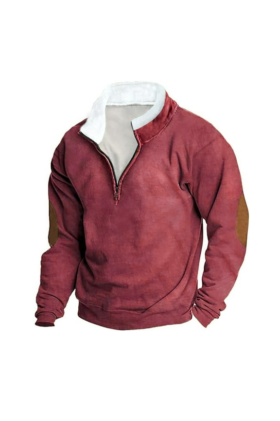 Men's Corduroy Shirt Lapel Collar Pullover Zipper up Sweaters with Elbow Patches Long Sleeve Golf Sweatshirts Mock Neck Tops Color Block Shirts