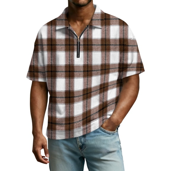 Men's Sweatshirts Quarter Zip Pullover Plaid Print Turn Down Collar Short Sleeve Pullover Loose Casual Summer Clothes