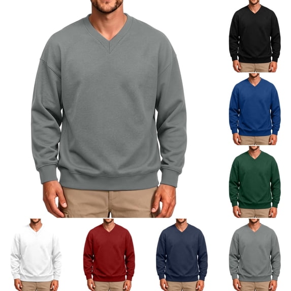 Men's Sweatshirts Stylish Long Sleeve V-Neck Sweat Shirt Fall Winter Casual Ribbed Cuffs Pure Color Tops for Daily Wear Light Gray 2XL