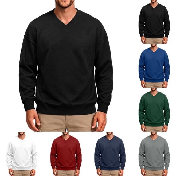 Men's Sweatshirts Trendy Long Sleeve V-Neck Pullover Fall Winter Casual Ribbed Cuffs Solid Color Sweatshirt for Daily Wear Black XL