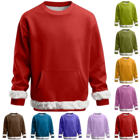 Men's Sweatshirts for Fall&Winter Solid Color Crew Neck Long Sleeve Tops with Pockets, Warm Comfortable Fashion Casual