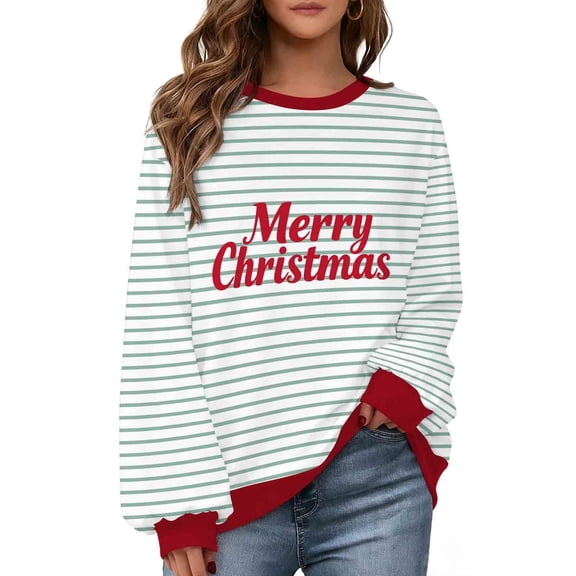 Christmas Sweatshirts for Women Striped Christmas Letter Print Shirt Long Sleeve Crewneck Sweatshirt Xmas Holiday Tops (S, Mint Green)