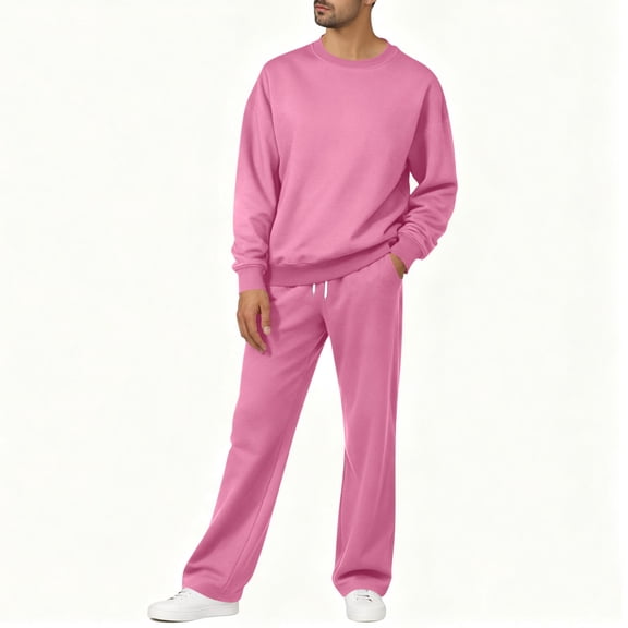 Men's Sweatsuits 2 Piece Fall Winter Sports Outfits Crewneck Pullover Long Sleeve Top and Wide Leg Sweatpant Sets (L, Pink)
