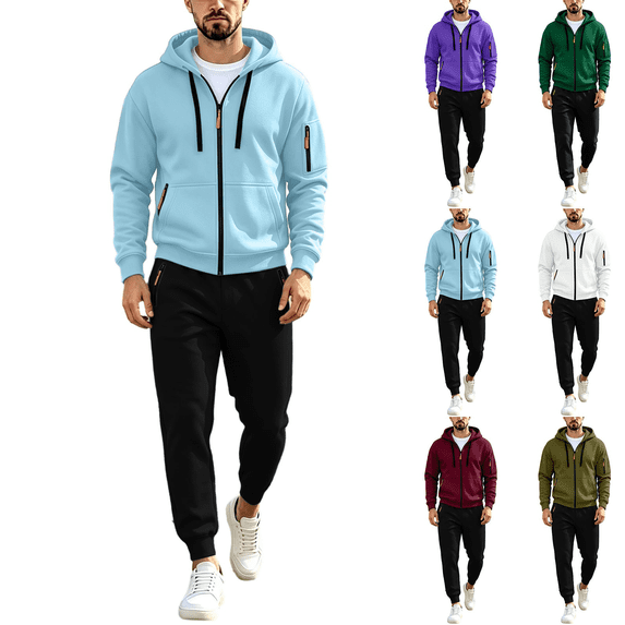 Men's Sweatsuits 2 Piece Hoodie Solid Color Casual Outfits Athletic Jogging Tracksuit Zip Up Top with Elastic Waist Pants
