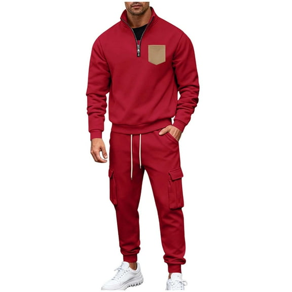 Men's Sweatsuits 2 Piece Outfits Fleece Lined Lounge Sets Long Sleeve Half Zip Pullover and Baggy Cargo Pants with Pockets Red M