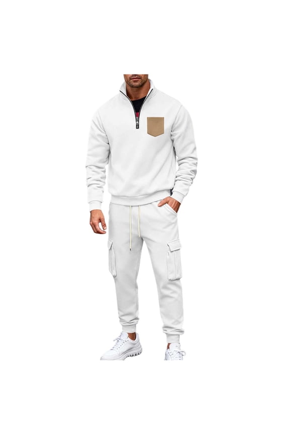 Men's Sweatsuits 2 Piece Outfits Fleece Lined Lounge Sets Long Sleeve Half Zip Pullover and Baggy Cargo Pants with Pockets White M