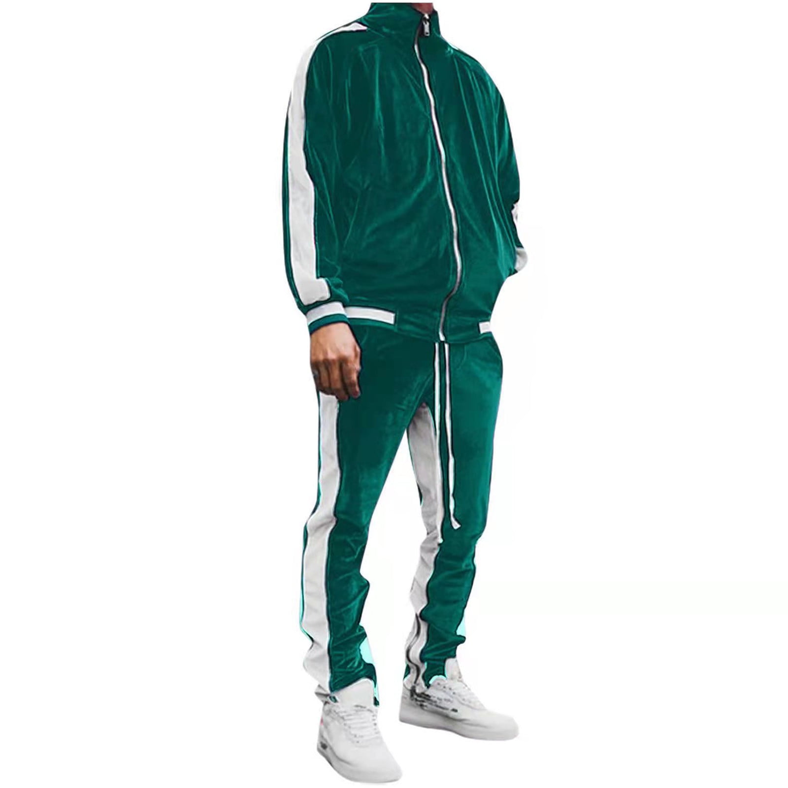 Men s Sweatsuits Tracksuit Jacket and Pants Set 2 Piece Golden Velvet Stand Collar Full Zip Loose Fashion Hip Hop Patchwork