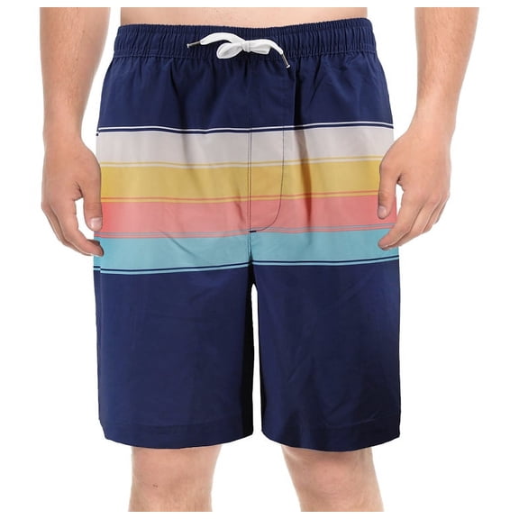 Men's Swim Shorts Tropical Swimwear Elastic Waist Drawstring Swimming Trunks (Navy, L)
