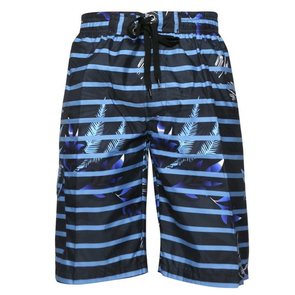 Men's Swim Shorts Trunks Surf Beach Relaxed Fit Polyester Blue Black Stripe S