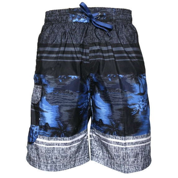 Men's Swim Shorts Trunks Surf Board Beach Print NBN GEAR Blue Charcoal Stripe S
