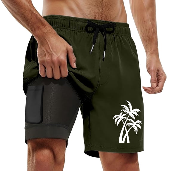 Men's Swim Trunk Coconut Trees Print Quick-Dry Lightweight 4-Way Stretch Bathing Suit Army Green S