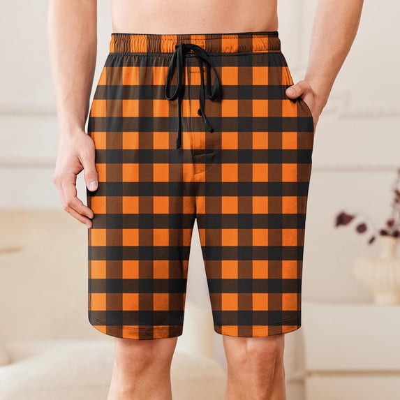 Men's Swim Trunks Athletic Bathing Quick Dry Plaid Print Drawstring Elastic Waist Beach Shorts with Pockets Orange M