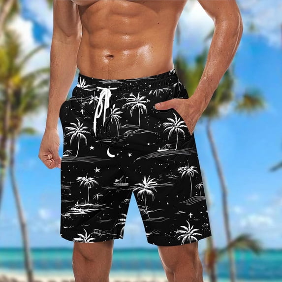 Men's Swim Trunks Athletic Hawaii Bathing Quick Dry Drawstring Elastic Waisted Beach Shorts with Pockets Black 5XL