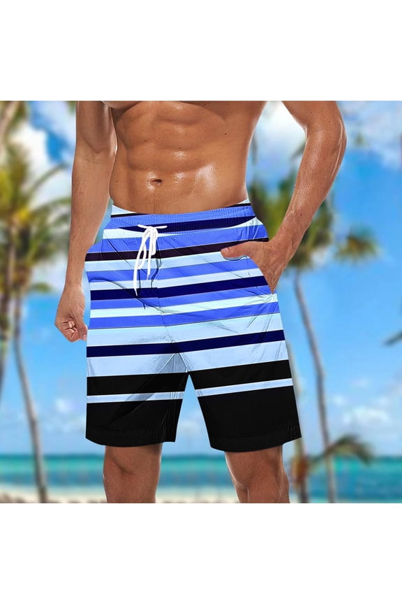 Men's Swim Trunks Athletic Hawaii Bathing Quick Dry Striped Printed Drawstring Elastic Waist Beach Shorts with Pockets Blue L