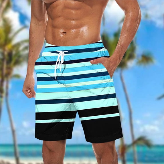 Men's Swim Trunks Athletic Hawaii Bathing Quick Dry Striped Printed Drawstring Elastic Waist Beach Shorts with Pockets Light Blue M