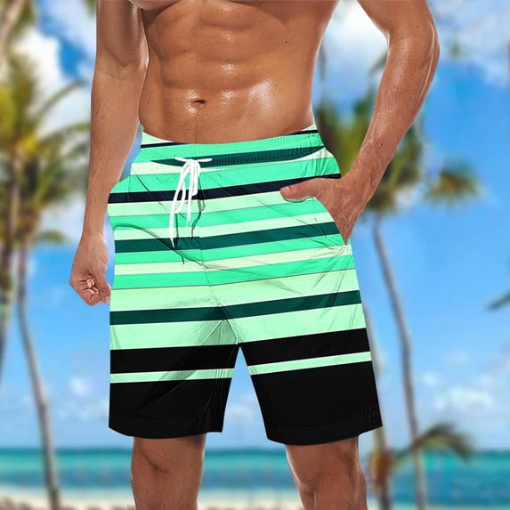 Men's Swim Trunks Athletic Hawaii Bathing Quick Dry Striped Printed Drawstring Elastic Waist Beach Shorts with Pockets Mint Green L